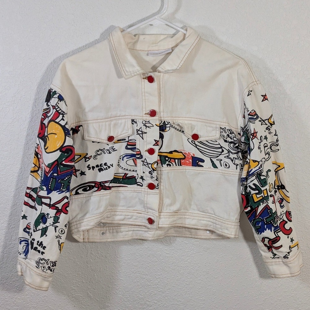 Classic Blue Jeans Mickey Mouse Space Doodle White Denim Cropped Jacket Vintage